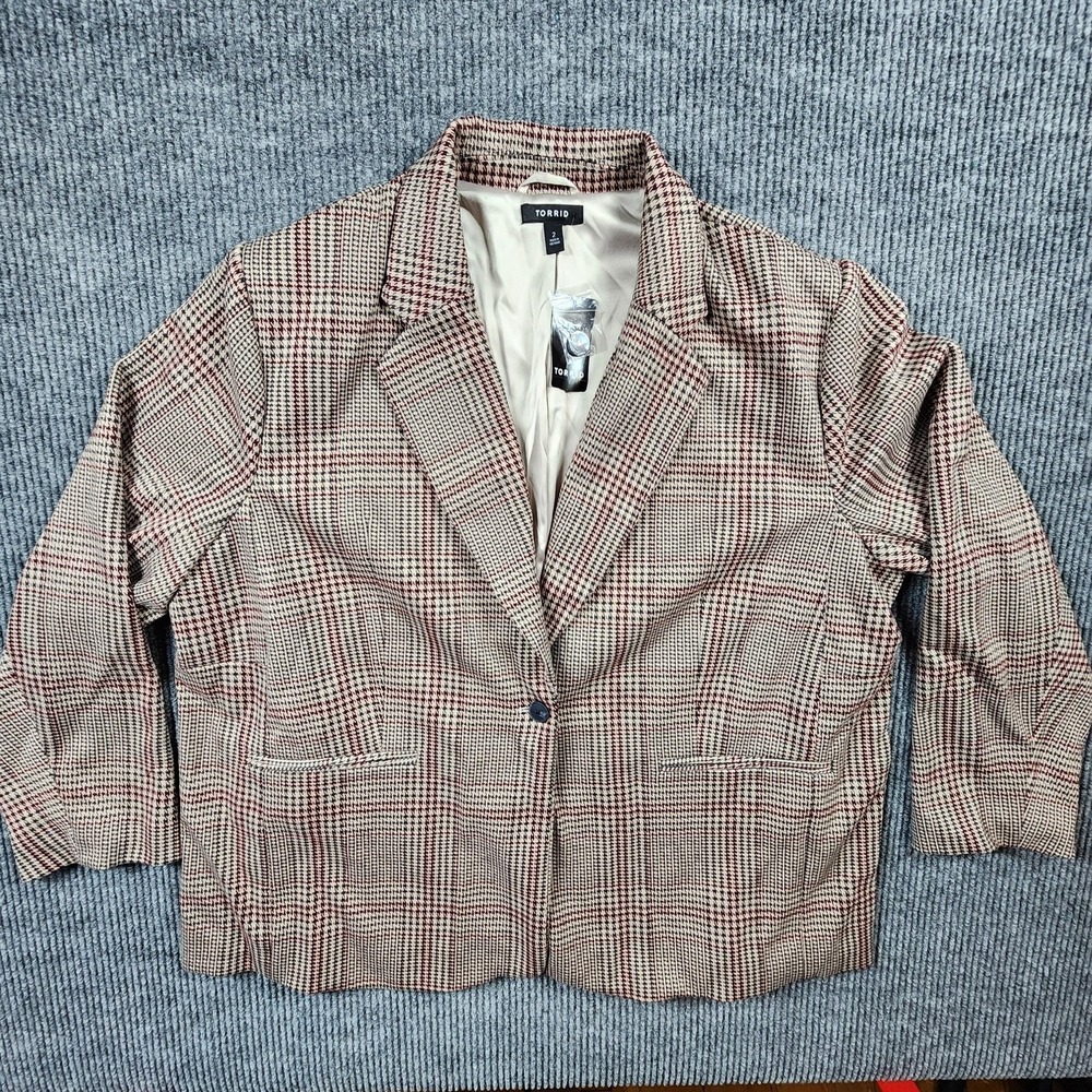 Torrid Blazer Jacket Womens 2 Plus Size Jacquard Plaid One Button Lined Career